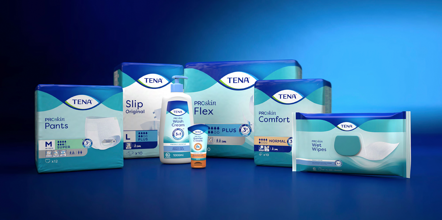 A collection of Tena Proskin products displayed together. Includes Tena Proskin Slip (Maxi), Tena Proskin Pants (Super), Tena Proskin Flex (Normal), Tena Proskin Comfort (Plus), Tena Proskin Wash Cream, and Tena Proskin Wet Wipes.