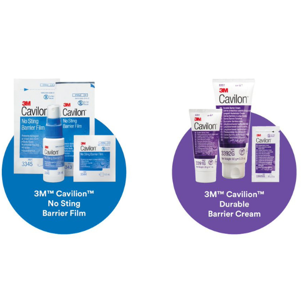 Image of the Cavilon Skin Care Collection by 3M, featuring four advanced skincare products: Durable Barrier Cream, Extra Dry Skin Cream, No Sting Barrier Film Spray, and Non-Sting Barrier Film, designed for comprehensive skin protection and care.