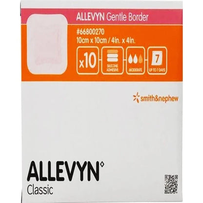 Allevyn Gentle Border Foam Dressing, 12.5x12.5 cm, pack of 10, product code 66800272, shown in original packaging.