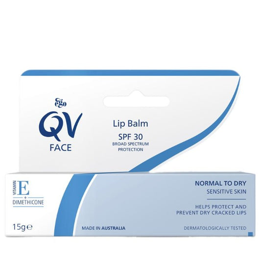 QV Face Lip Balm 15g: Hydrating and protective lip balm with SPF 30, 15g tube.