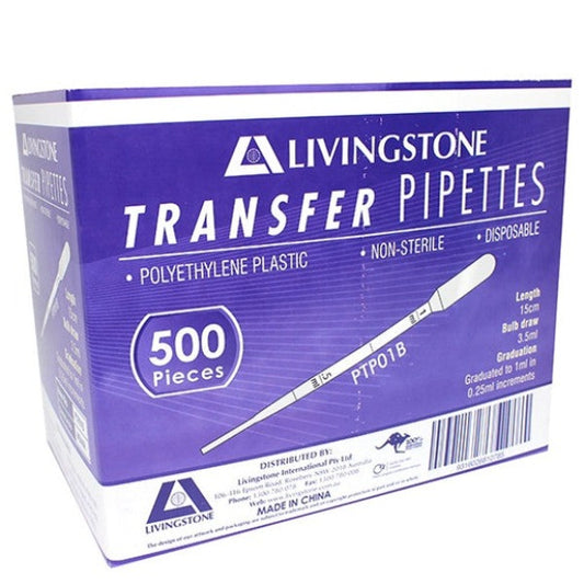Pack of 500 Disposable Transfer Pipettes (1ml - 3.5ml) with Graduated Markings and Bulb Draw for Accurate Liquid Transfer.