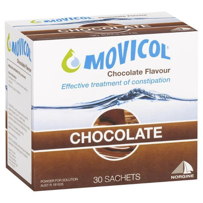 A box of Movicol chocolate laxative powder sits on a white background. The box displays the product name, dosage information (30 sachets, 13.125g each), and highlights the chocolate flavor.