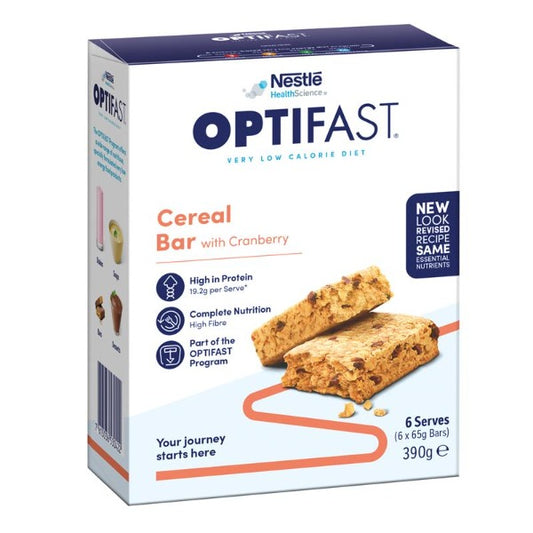 A pack of six Optifast 65g cereal bars displayed in an attractive, health-conscious packaging, emphasizing its meal replacement benefits for weight management.