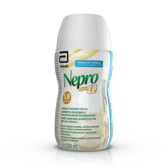 A box containing 30 individual cartons of Nepro LP Vanilla flavored nutritional beverage, each 220 milliliters.
