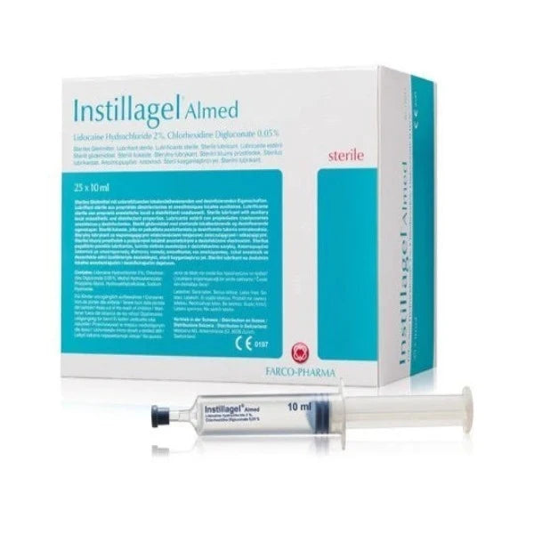 A box containing single-use 10ml syringes of Instillagel Almed Gel sits on a white background. The box has labeling with the product name, dosage information (10ml syringes), and highlights sterility.