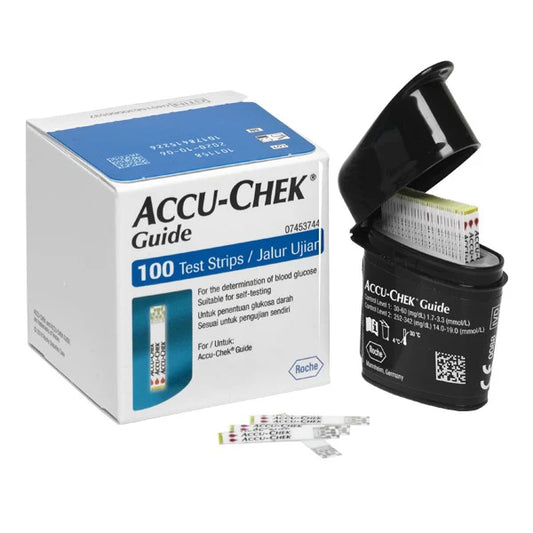 A box of Accu-Chek Guide Test Strips (100 count) sits on a white background. The box displays the product name, number of strips (100), and may feature images of a blood glucose meter and a blood droplet. A single test strip is pictured beside the box, highlighting its wide target area for blood application.