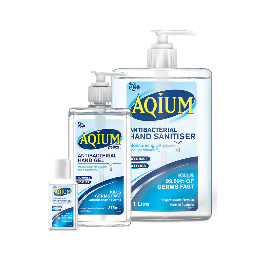 Group image of Aqium Antibacterial Hand Sanitiser by Ego, showing 60ml, 375ml, and 1L bottles. Effective hand sanitiser that kills 99.99% of germs and bacteria.