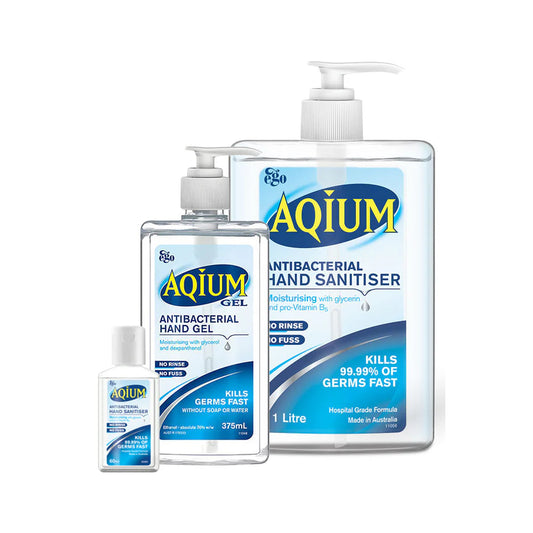 Group image of Aqium Antibacterial Hand Sanitiser by Ego, showing 60ml, 375ml, and 1L bottles. Effective hand sanitiser that kills 99.99% of germs and bacteria.