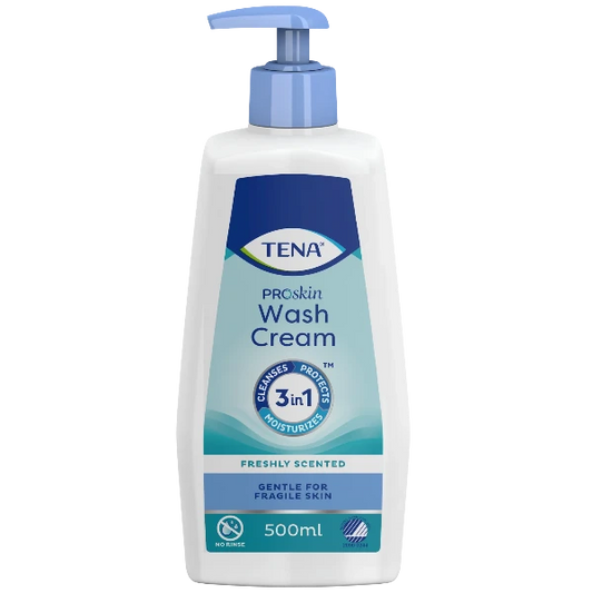 Tena Proskin Wash Cream 500ml: Gentle no-rinse cleansing cream for sensitive skin.