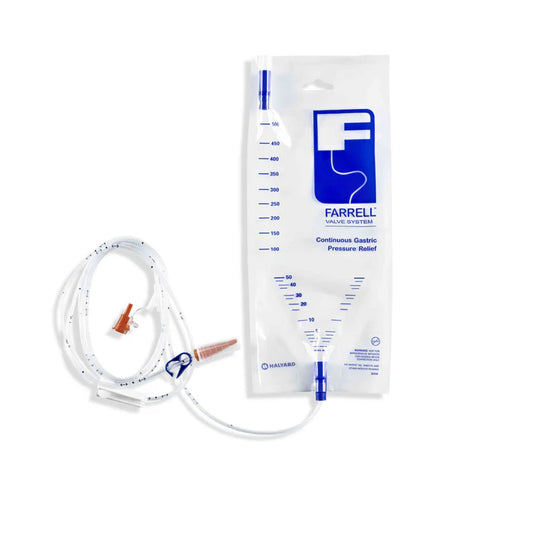 Farrell Valve Closed Enteral Decompression System with ENFit® Connector, featuring vented bag and EQUILIBRIUM TECHNOLOGY™.