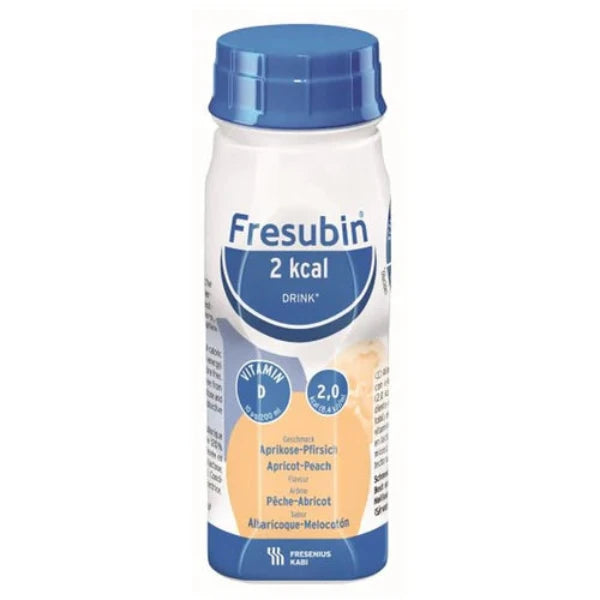 Fresubin 2 KCAL Drink 200ml in Apricot-Peach flavor - high energy and high protein nutritional supplement.