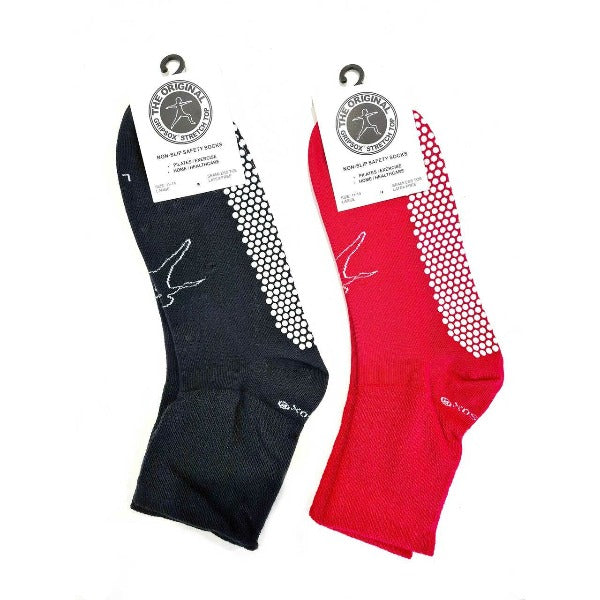 A pair of GripSox non-slip socks, available in black and red, displayed side-by-side.