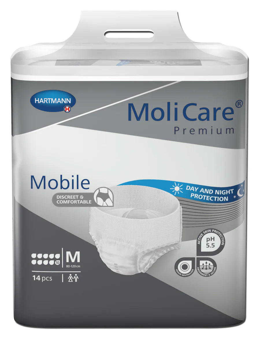 MoliCare Premium Mobile 10 Drop, Medium size, flexible pull-up pants designed for heavy incontinence, offering discreet fit and comfort.