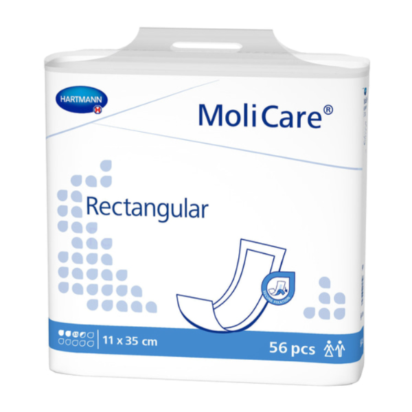 MoliCare Rectangular Pad, featuring superabsorbent polymers and adhesive strip.