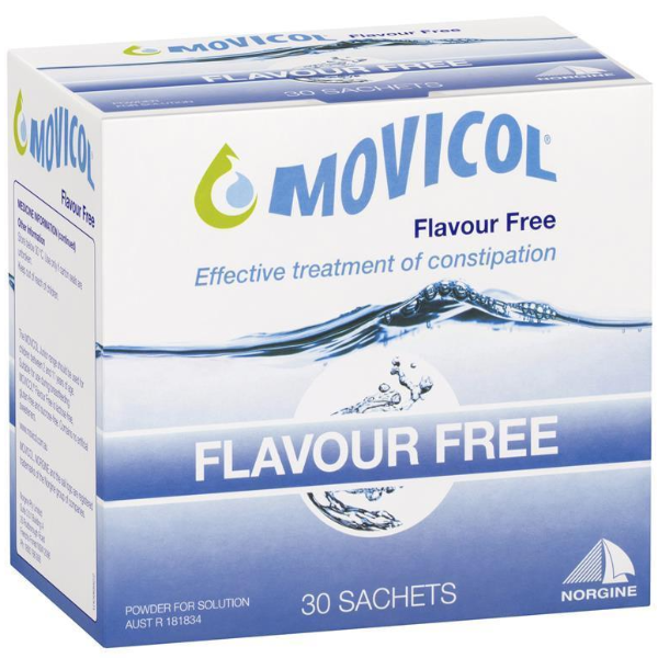 A box of Movicol flavor-free laxative powder sits on a white background. The box displays the product name, dosage information (30 sachets, 13.125g each), and highlights the flavor-free option.