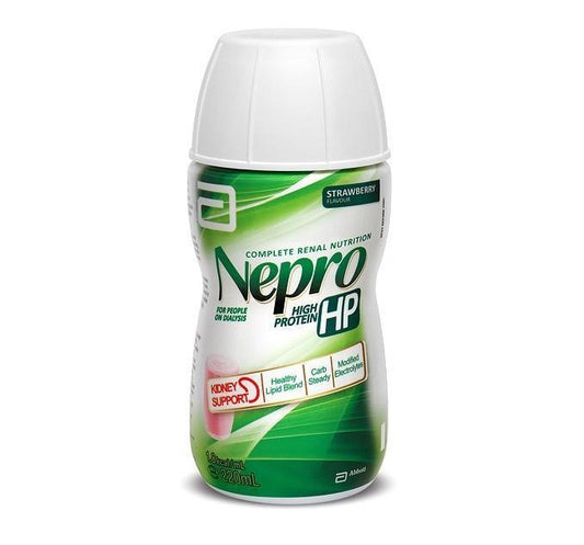 Nepro HP 220ml Strawberry flavor bottle - Complete renal nutrition formula with 17.8g protein