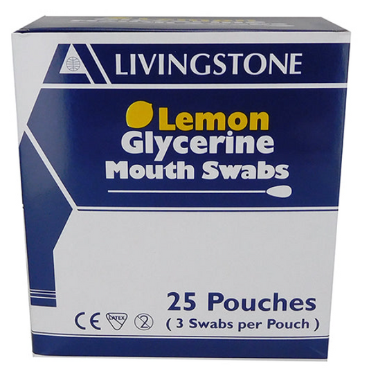 Lemon Glycerine Mouth Swabs by Livingstone: Effective oral care swabs providing lubrication and comfort, 3 swabs per pack, 25 packs per box.