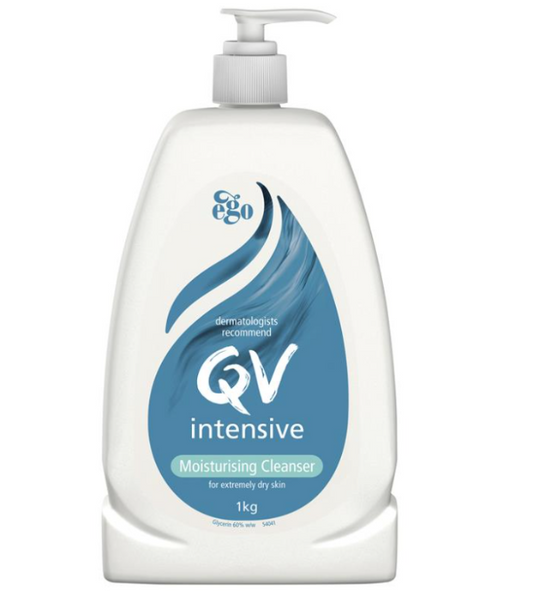 QV Intensive Moisturising Cleanser 1kg: Gentle, soap-free cleanser for hydrating and cleansing extremely dry and sensitive skin, 1kg bottle.