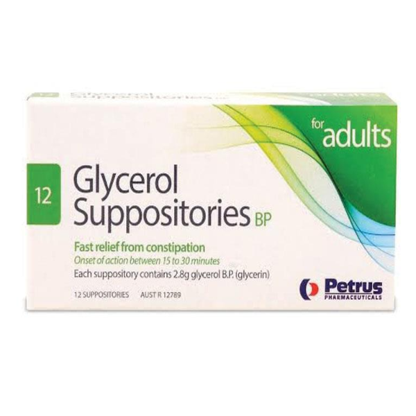 A box containing 12 foil packets of Glycerol Suppositories (2.8g each) sits on a white background. Each packet has labeling with the product name and dosage information.