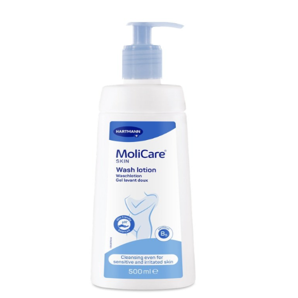 Molicare Wash Lotion 500ml by Hartmann: Gentle and effective cleansing lotion for sensitive skin, enriched with panthenol and almond oil, 500ml.