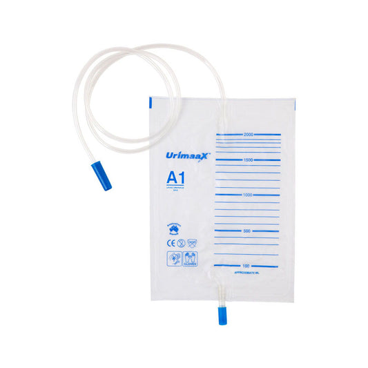 Urimaax B/Drain Push-Pull Drainage Bag 2000ml with universal catheter connector.