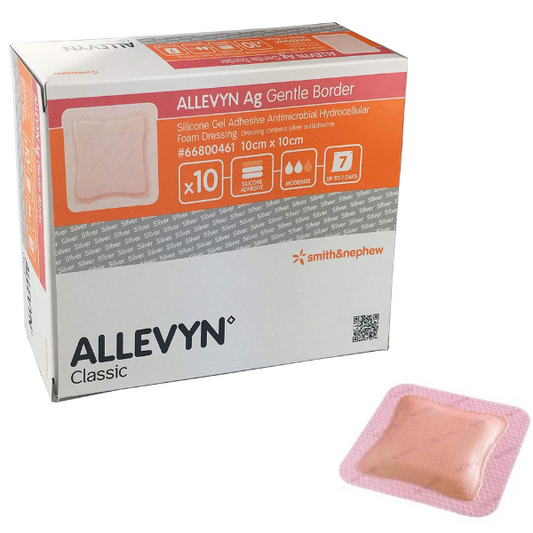 ALLEVYN Ag Gentle Border Adhesive Dressing 10x10cm - Box of 10, SKU: 66800461