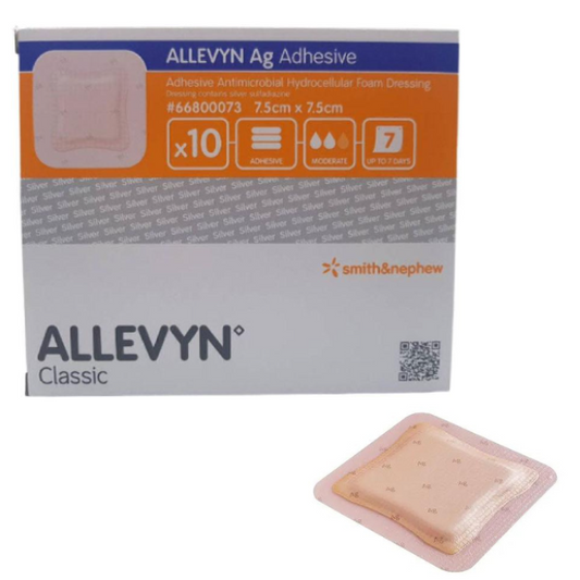 ALLEVYN Ag Adhesive Dressing 7.5cm x 7.5cm - Box of 10, SKU: 66800073