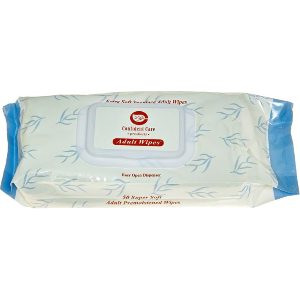 Confident Care Adult Wipes (50): Soft and durable pre-moistened wipes for gentle cleaning.