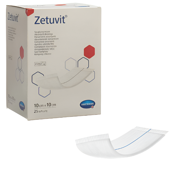 Zetuvit Absorbent Dressing 10cm x 10cm (25 pack). Sterile, high-absorbency wound dressings suitable for moderate to heavily exuding wounds. Soft nonwoven material with a cellulose core and superabsorbent polymers for efficient exudate management.