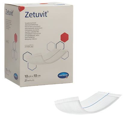 Zetuvit Absorbent Dressing 10cm x 10cm (25 pack). Sterile, high-absorbency wound dressings suitable for moderate to heavily exuding wounds. Soft nonwoven material with a cellulose core and superabsorbent polymers for efficient exudate management.