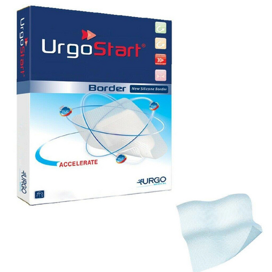 A square, sterile UrgoStart® Contact Dressing with a mesh surface lies on a white background. The dressing measures 10 centimeters by 10 centimeters.