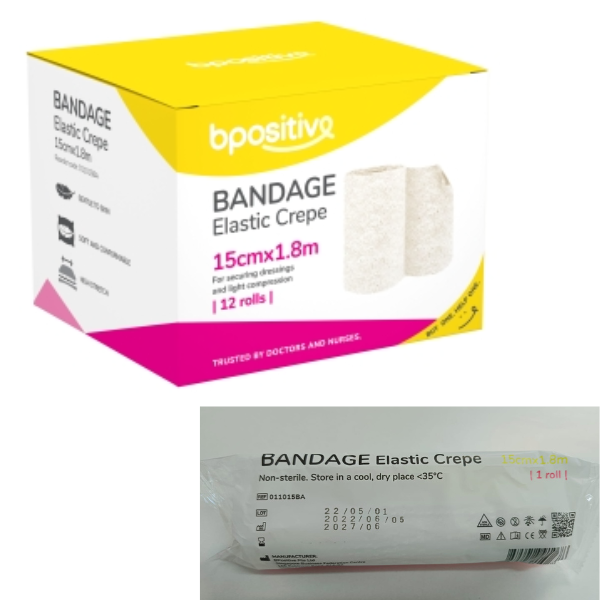 Bpositive Elastic Crepe Bandages, 15cm x 1.8m for larger areas, ideal for medical and sports use.