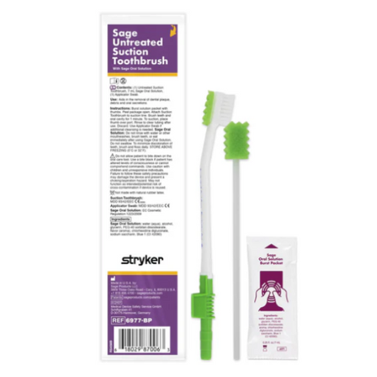 Sage Untreated Suction Toothbrush with Sage Oral Solution: Oral care system for patients requiring suctioning.