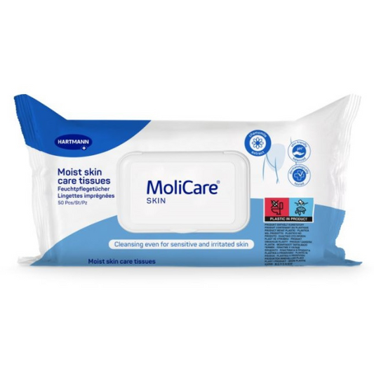 Molicare Skin Moist Care Tissues (Pkt 50): Soft, pre-moistened tissues for gentle cleansing and moisturizing.