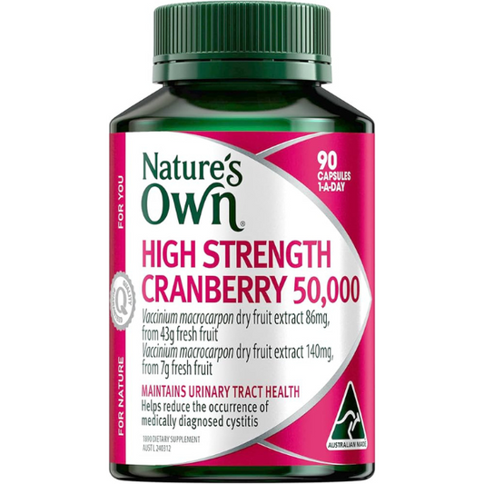 Nature's Own High Strength Cranberry 50,000, 90 capsules for urinary tract support.