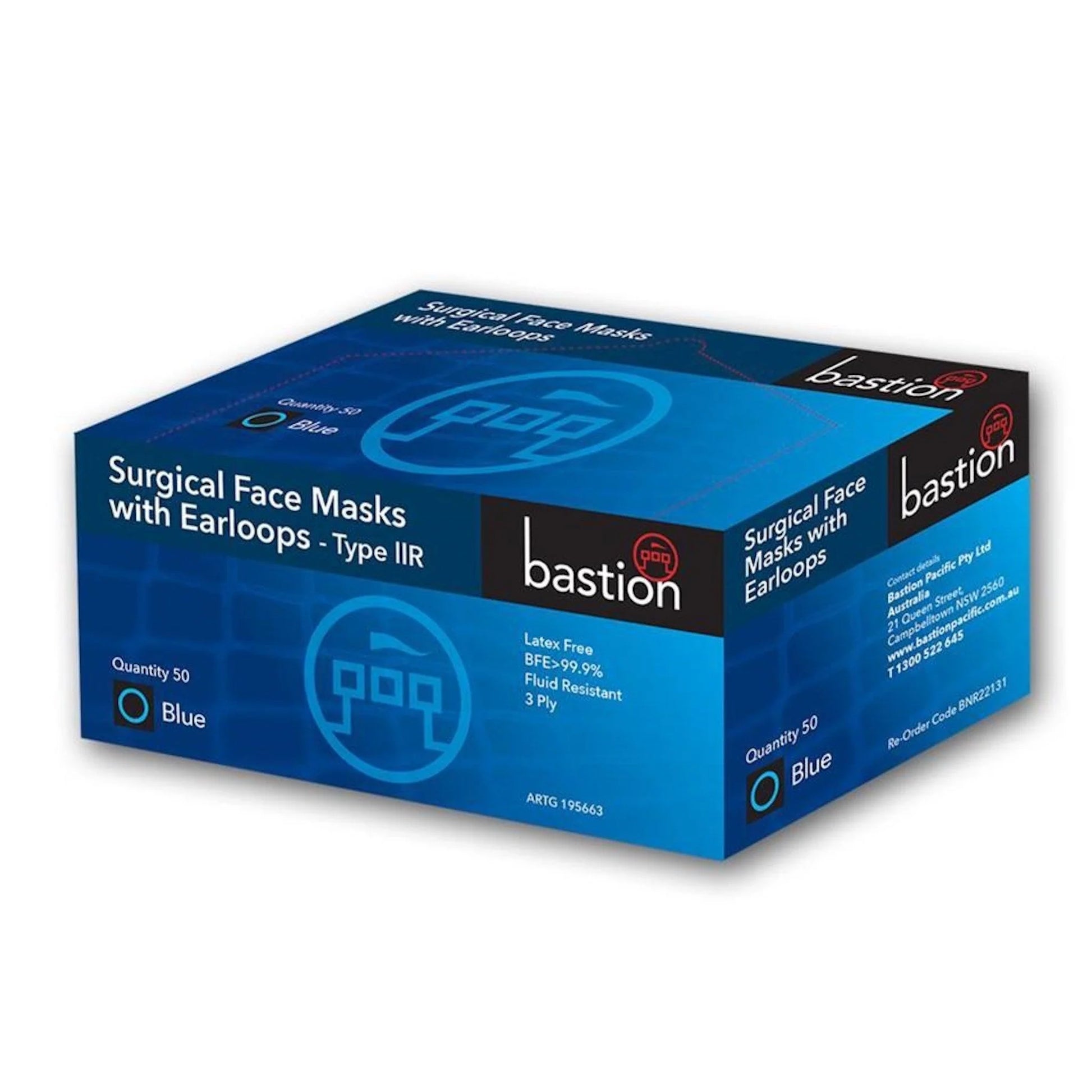 Blue Bastion Surgical Face Mask with earloops - Type 2R Level 3 for medical protection