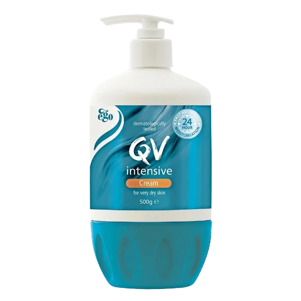 QV Intensive Cream 500g Pump: Highly concentrated moisturizing cream for extremely dry and sensitive skin, 500g pump bottle.