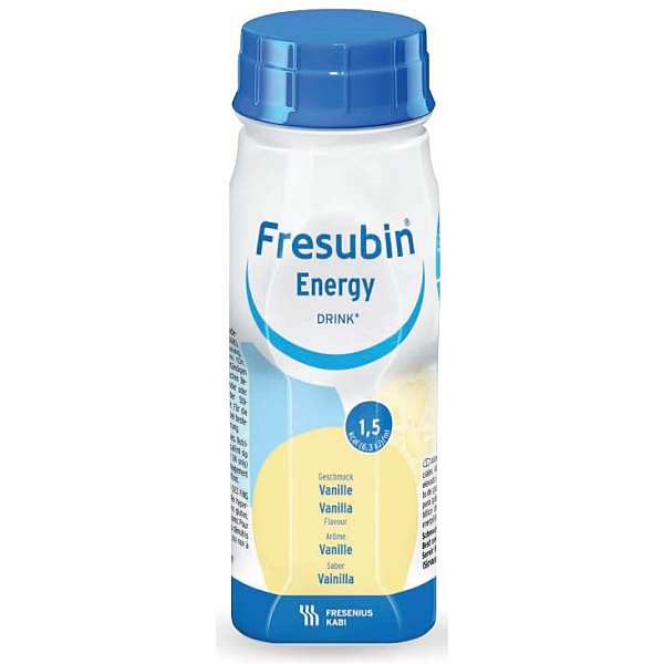 Fresubin Energy Drink 200ml Vanilla flavor bottle, showcasing the label and packaging for the vanilla variant.