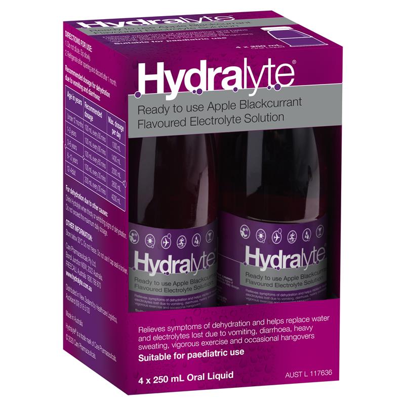 Hydralyte Electrolyte Solution 4 Pack - Apple Blackcurrant flavor.