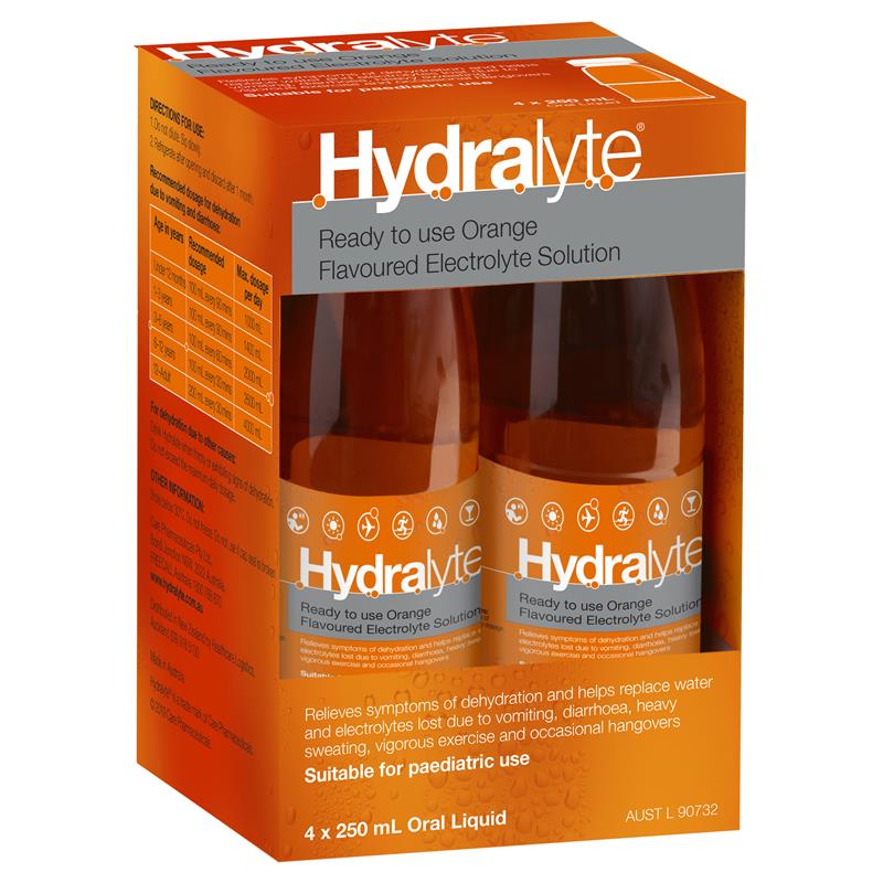 Hydralyte Electrolyte Solution 4 Pack - Orange flavor.