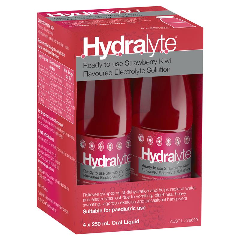 Hydralyte Electrolyte Solution 4 Pack - Strawberry Kiwi flavor.