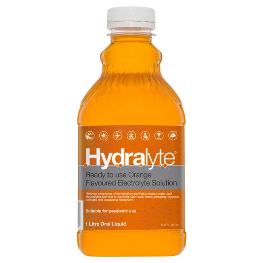 Hydralyte Liquid 1L Orange flavor - rehydration solution.