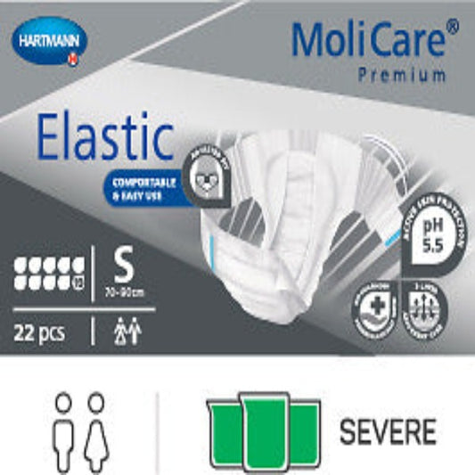 MoliCare Premium Elastic 10 Drop, high absorbency incontinence briefs with elastic sides for comfort and leakage protection.