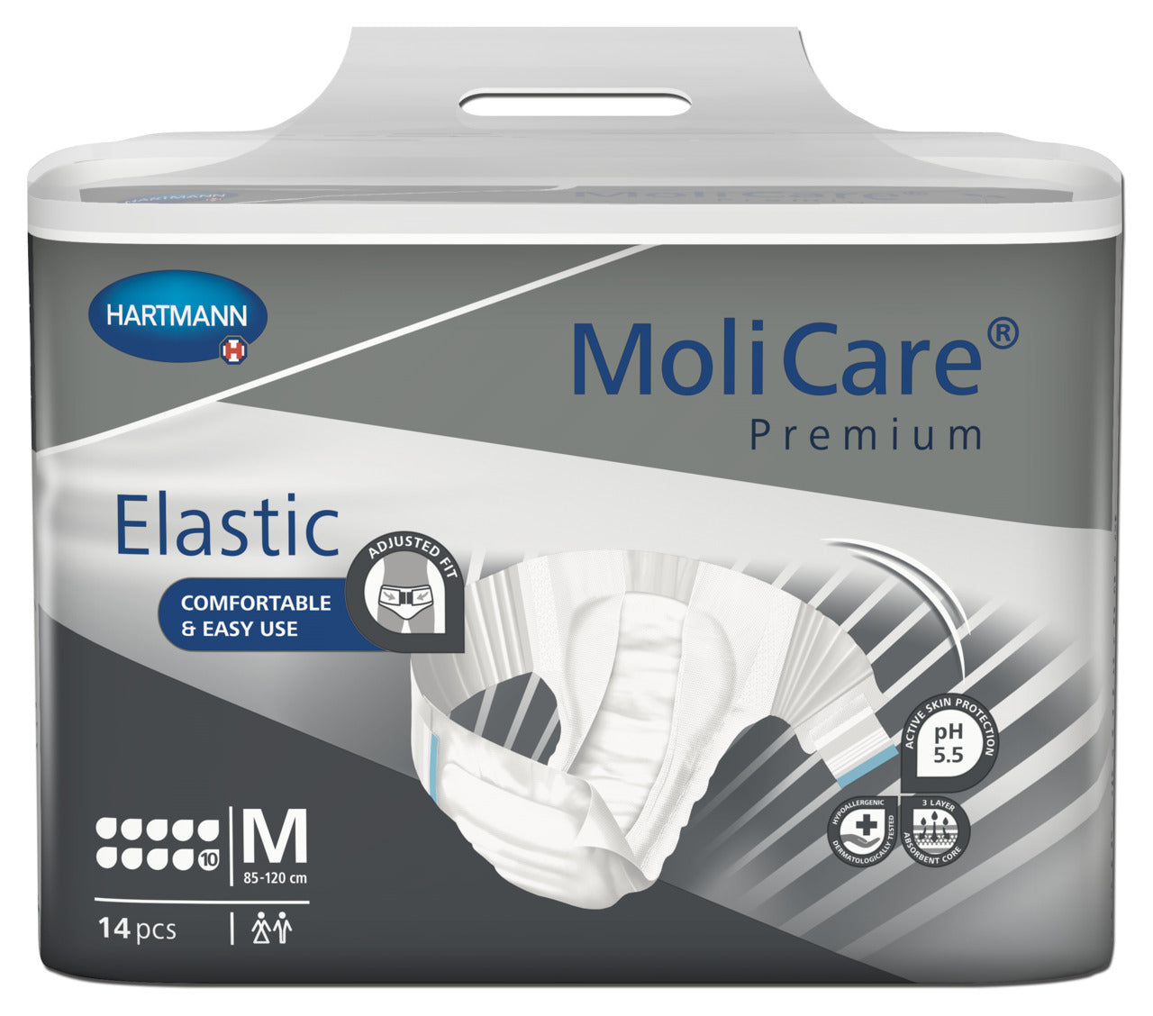 MoliCare Premium Elastic 10 Drop, Medium size, designed for moderate to heavy incontinence with flexible comfort.