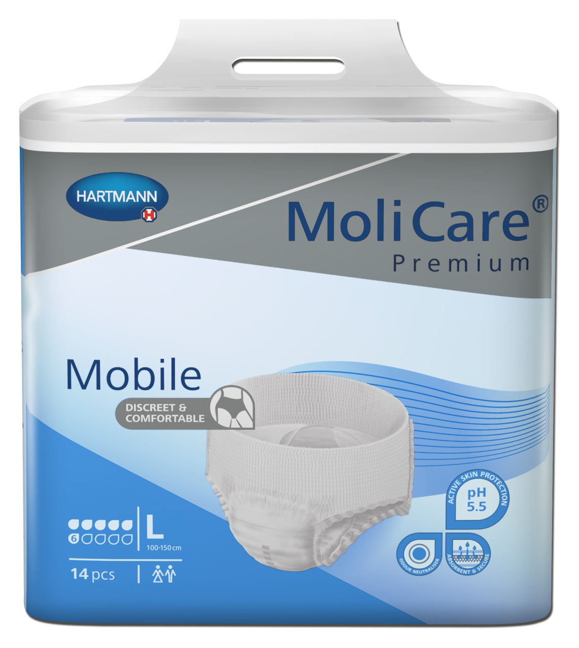 MoliCare Premium Mobile 6 Drop, Large size, pull-up incontinence pants with odor control and leakage protection.