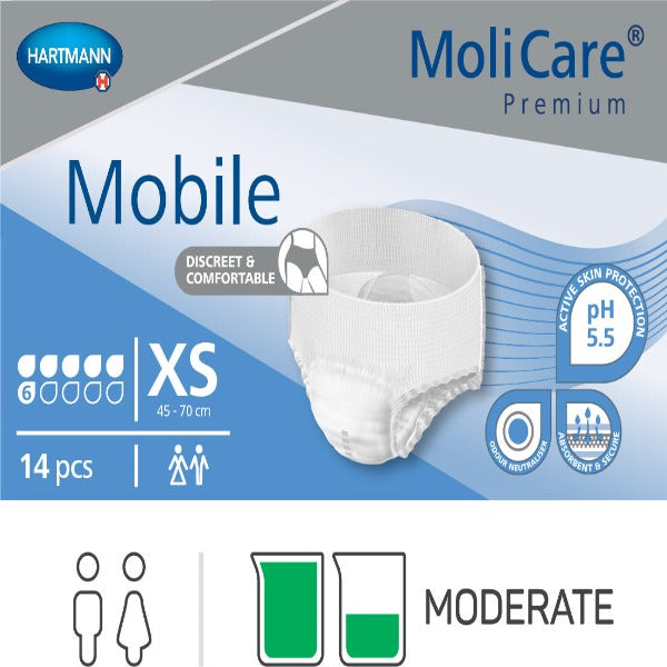 MoliCare Premium Mobile 6 Drop, pull-up incontinence pants with discreet, underwear-like design and high absorbency.