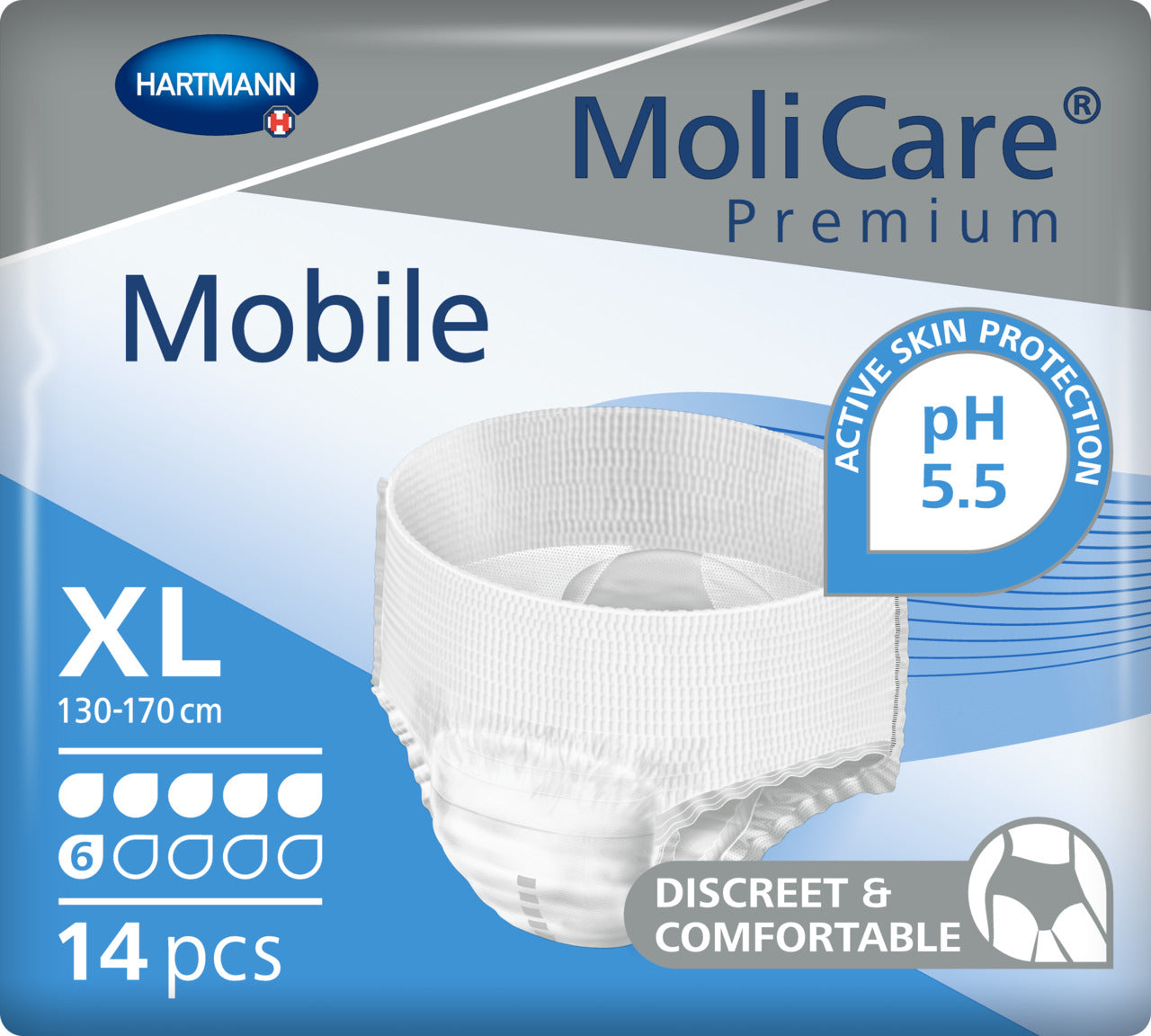 MoliCare Premium Mobile 6 Drop, Extra Large size, for moderate to heavy incontinence, providing secure fit and comfort.