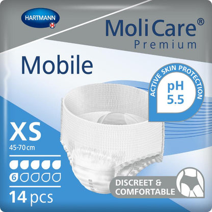 MoliCare Premium Mobile 6 Drop, Extra Small size, pull-up pants for moderate to heavy incontinence with discreet fit.