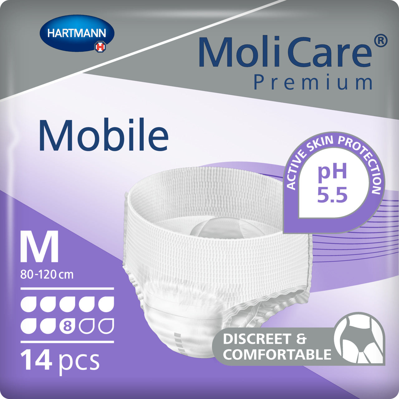 MoliCare Premium Mobile 8 Drop, Medium size, providing secure pull-up fit for moderate to heavy incontinence.