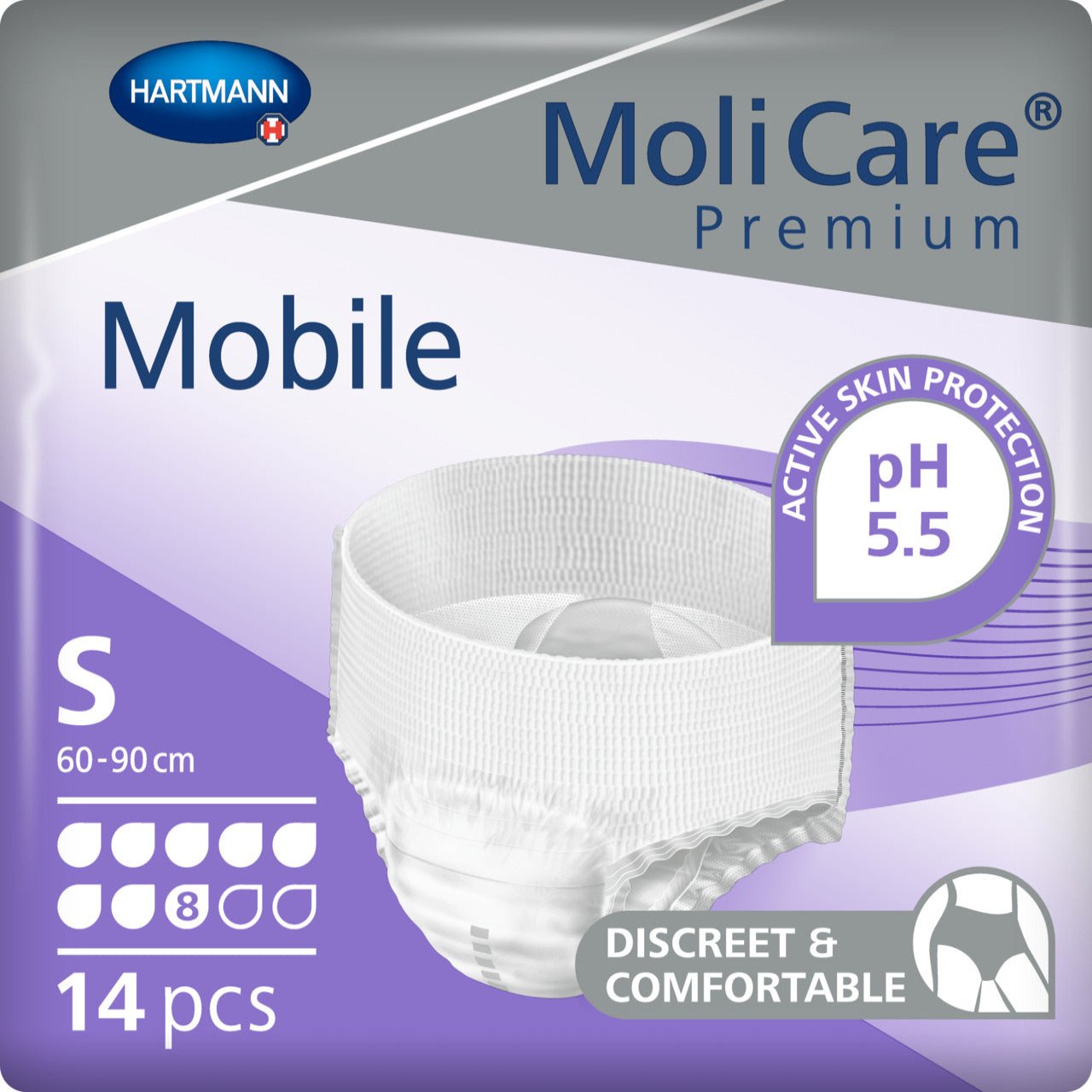 MoliCare Premium Mobile 8 Drop, Small size, for moderate to heavy incontinence, with 3-layer absorbent core and odor control.